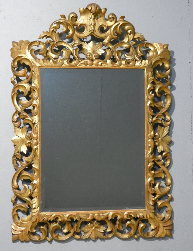 Openwork Carved Wood Mirror With Gilded Leaf, Italy, 19th Century, Tain Mercure Beveled