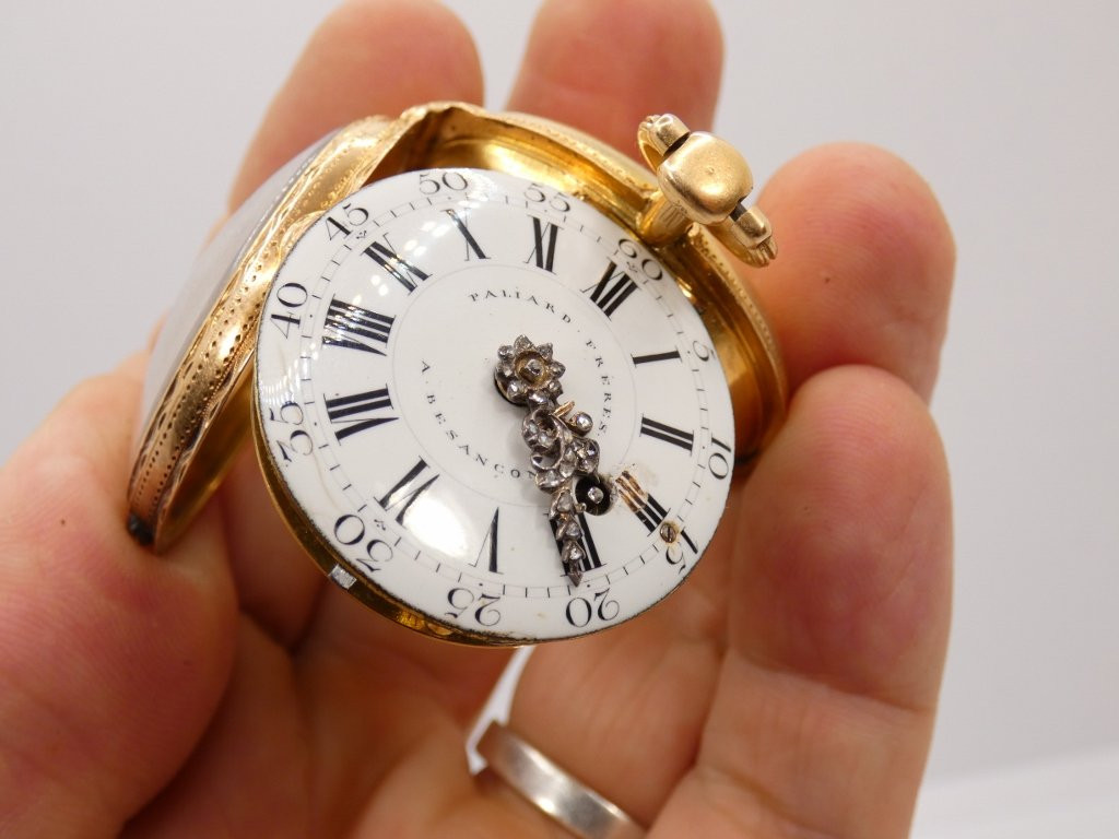Paliard Besançon montre à coq en or massif, époque XVIII ème, C couronné-photo-1