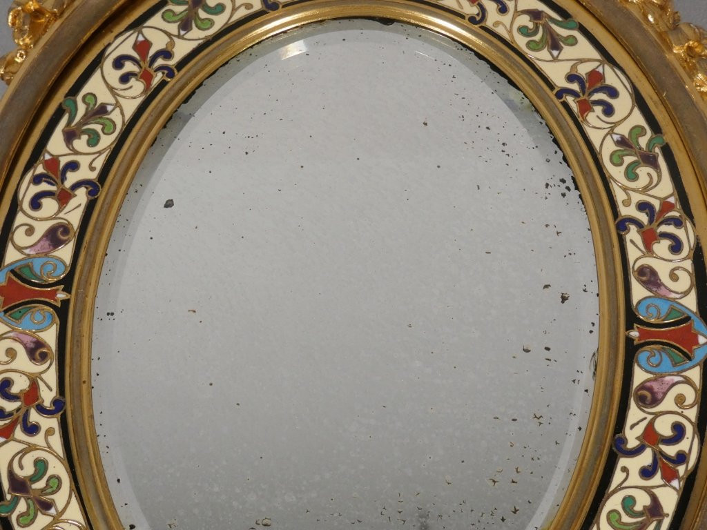 Maison A Giroux, miroir aux amours en bronze émaillé en champlevé, époque XIX ème-photo-2