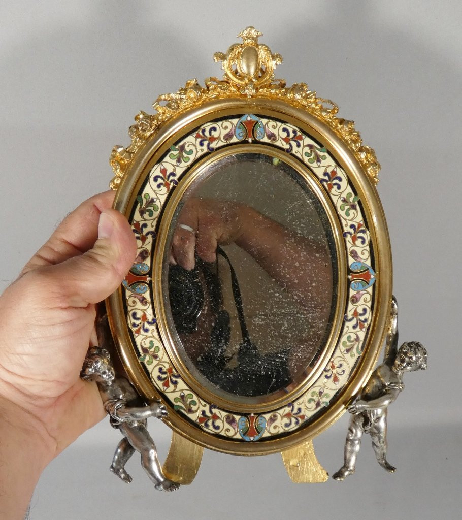 Maison A Giroux, miroir aux amours en bronze émaillé en champlevé, époque XIX ème-photo-4
