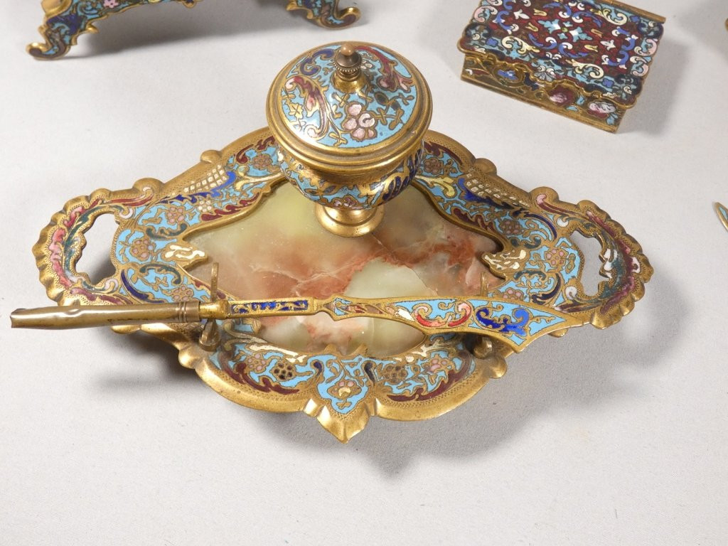 Nécessaire de bureau Napoléon III en bronze émaillé et onyx, 10 pièces, époque XIX ème-photo-2
