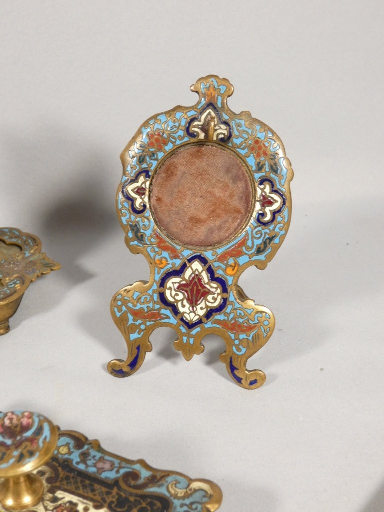 Nécessaire de bureau Napoléon III en bronze émaillé et onyx, 10 pièces, époque XIX ème-photo-2