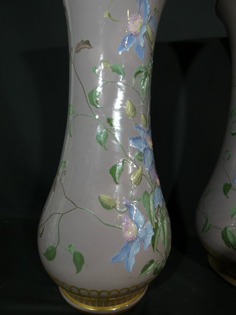 Charles Pillivuyt In Mehun, Pair Of Porcelain Vases With Clematis, 19th Century-photo-2