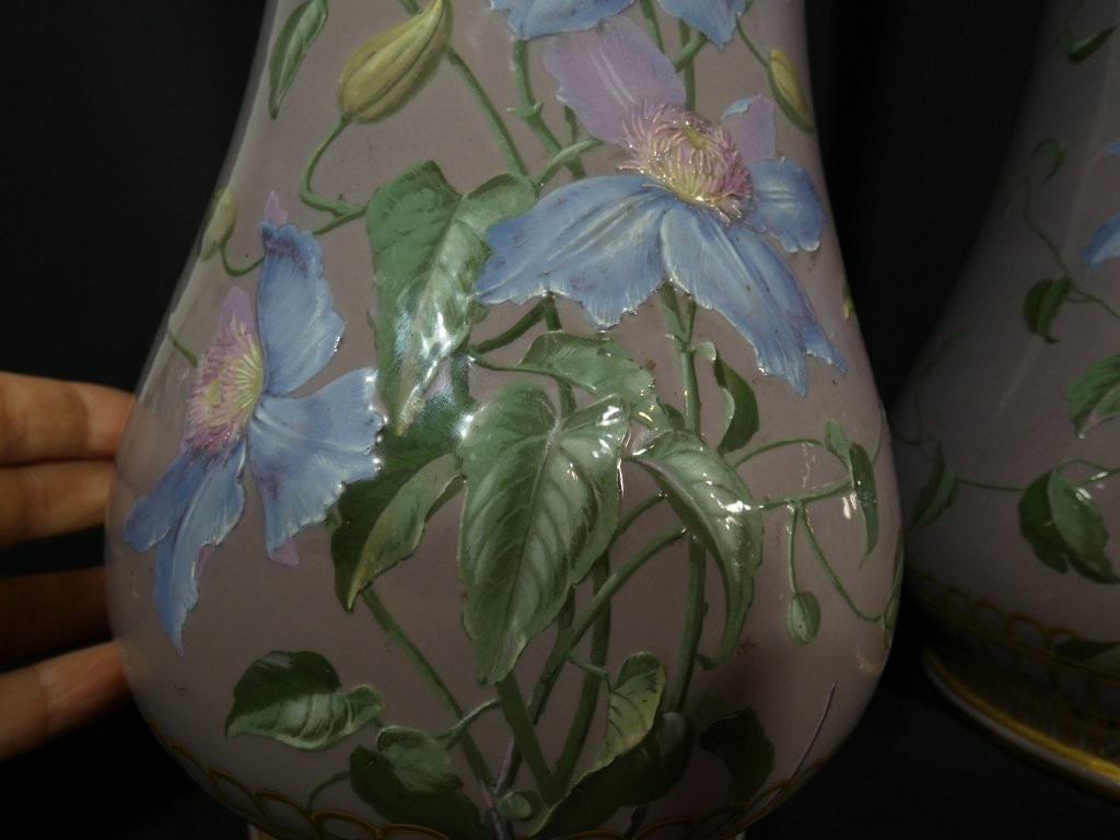 Charles Pillivuyt In Mehun, Pair Of Porcelain Vases With Clematis, 19th Century-photo-4