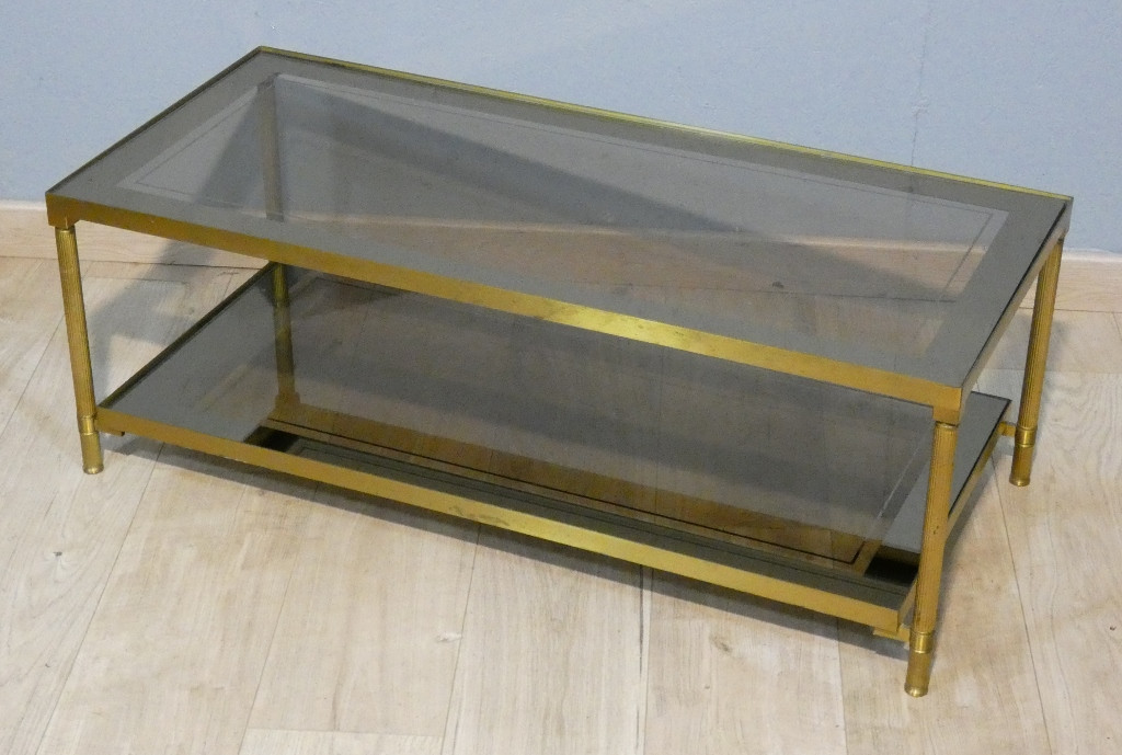 Neoclassical Style Brass Coffee Table With Two Mirrored Glass Tops, 1960