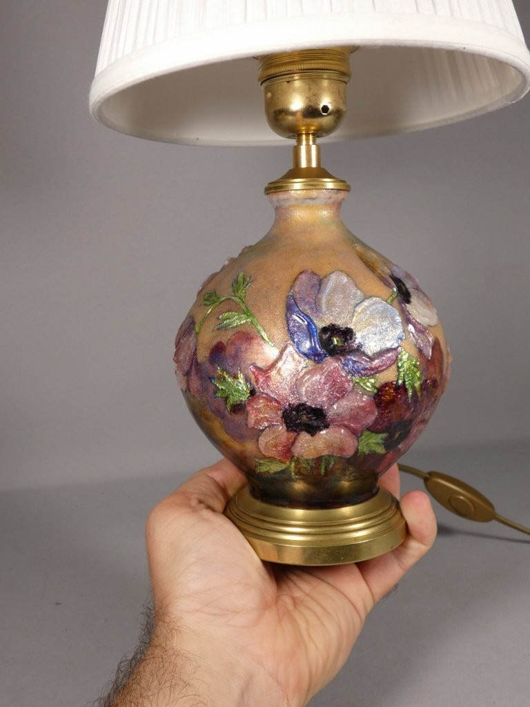 Camille Fauré Limoges, pied de lampe en émail, décor aux anémones, vers 1930-50-photo-3
