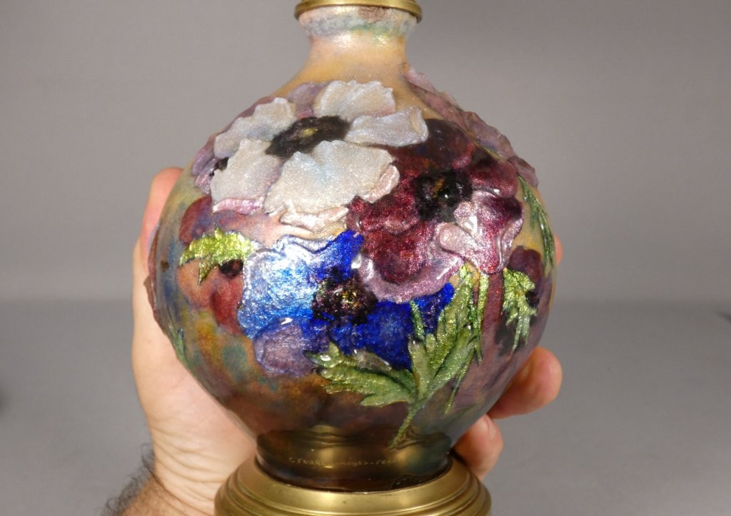 Camille Fauré Limoges, pied de lampe en émail, décor aux anémones, vers 1930-50-photo-4