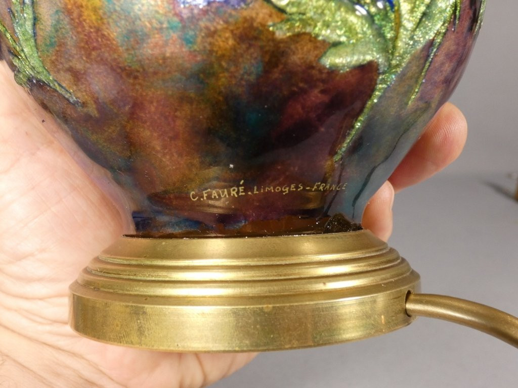 Camille Fauré Limoges, pied de lampe en émail, décor aux anémones, vers 1930-50-photo-5