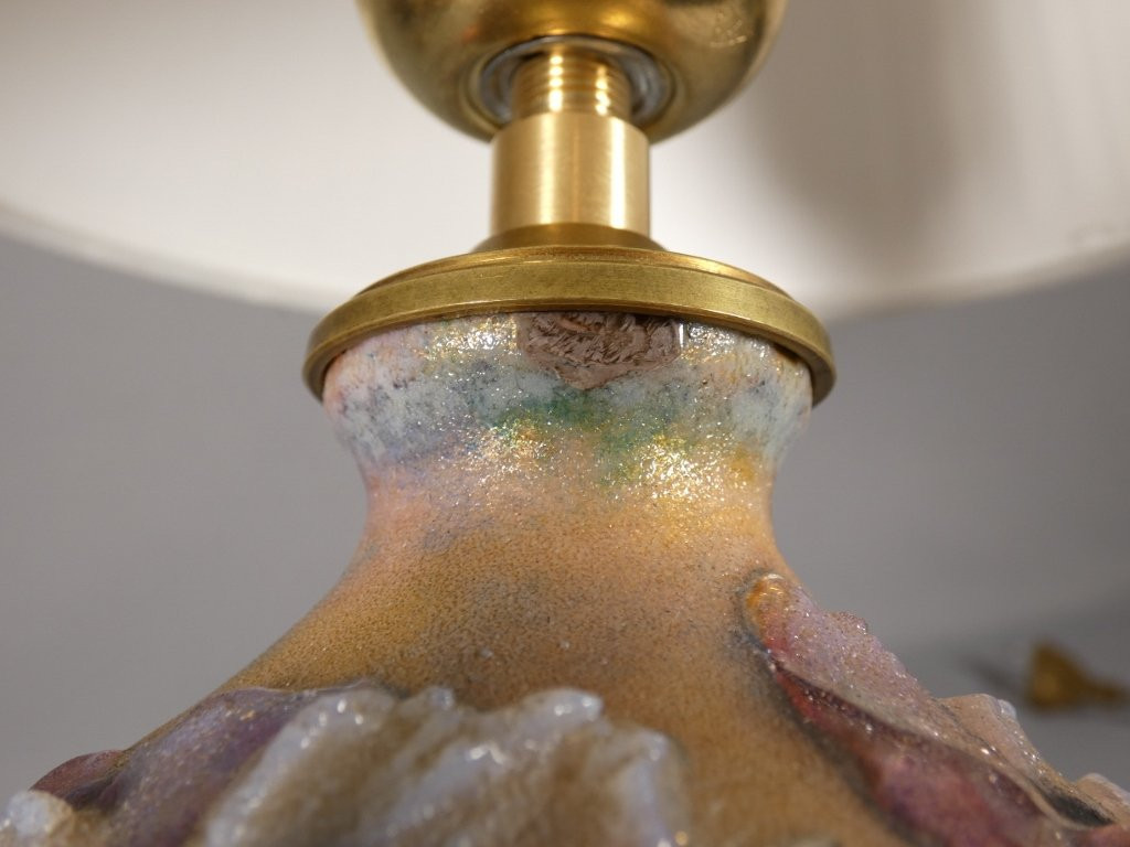Camille Fauré Limoges, pied de lampe en émail, décor aux anémones, vers 1930-50-photo-7