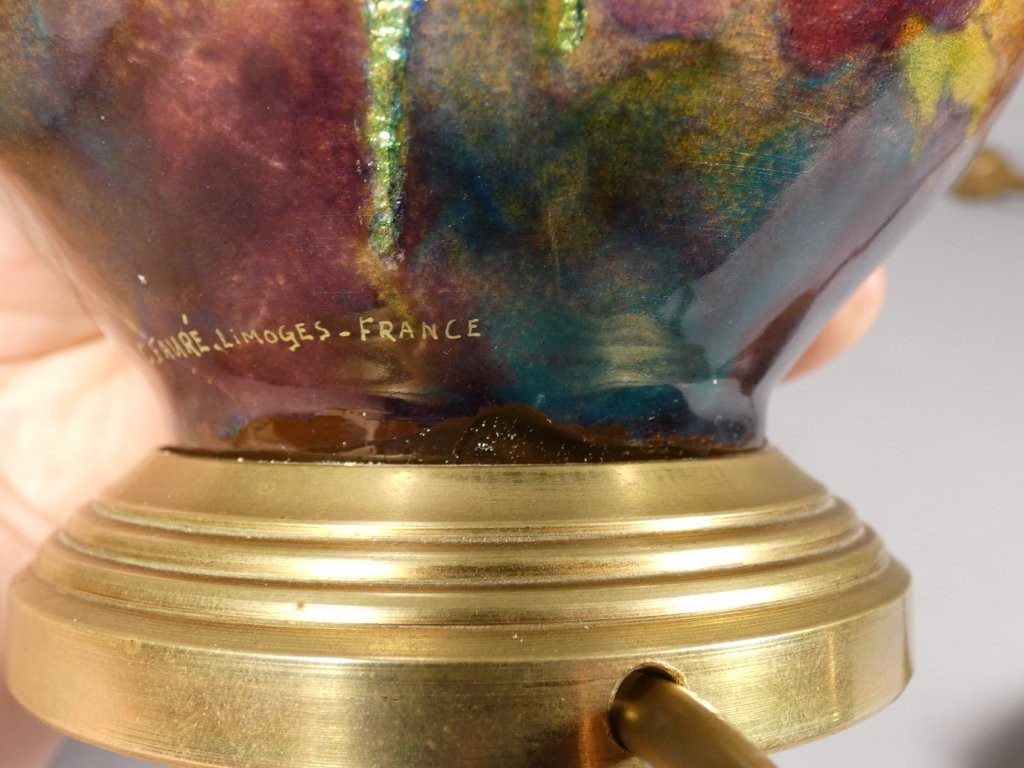 Camille Fauré Limoges, pied de lampe en émail, décor aux anémones, vers 1930-50-photo-8
