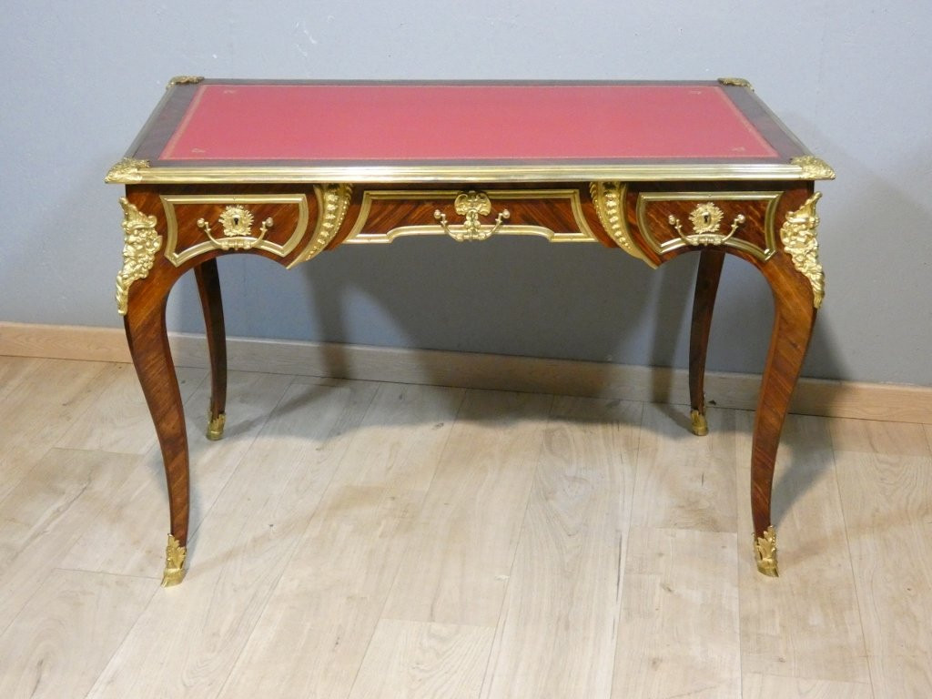 Estampillé Paul Sormani, bureau plat de style Louis XV en palissandre et bronze doré, XIX ème-photo-2