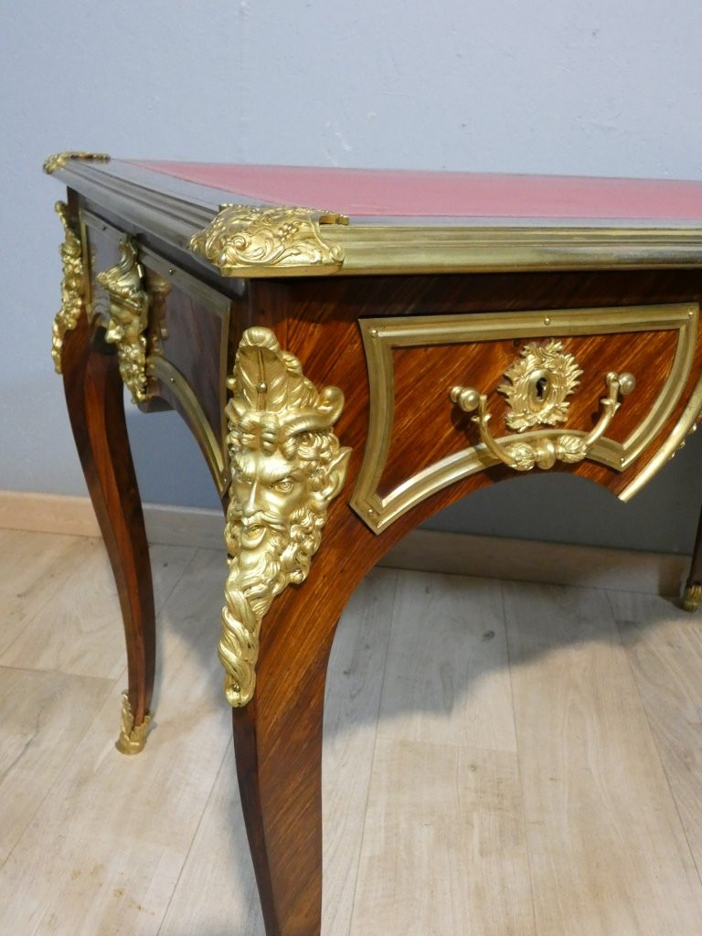 Estampillé Paul Sormani, bureau plat de style Louis XV en palissandre et bronze doré, XIX ème-photo-3