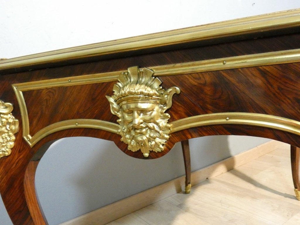 Estampillé Paul Sormani, bureau plat de style Louis XV en palissandre et bronze doré, XIX ème-photo-1