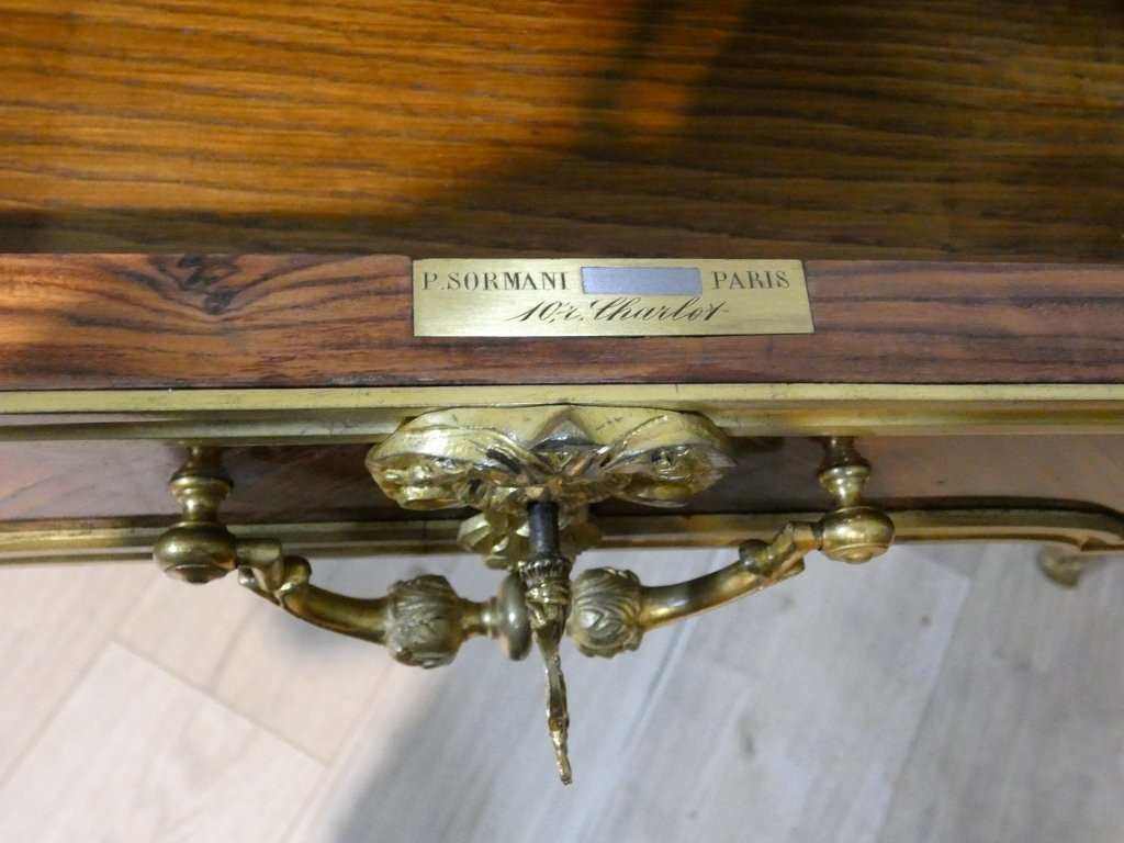 Estampillé Paul Sormani, bureau plat de style Louis XV en palissandre et bronze doré, XIX ème-photo-5