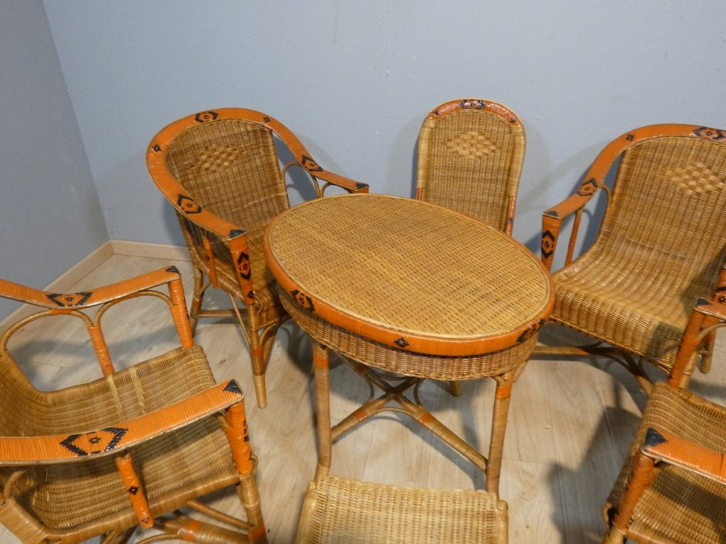 Salon de jardin d'hiver en rotin, 4 fauteuils, 2 chaises et table, milieu XX ème-photo-3