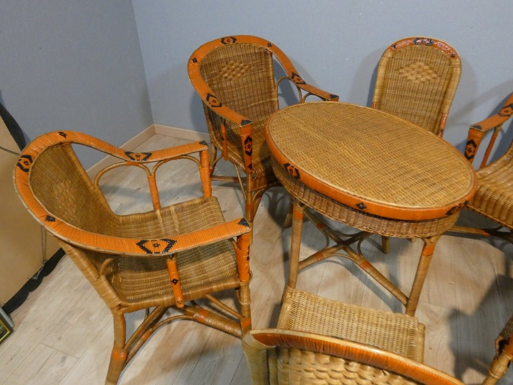 Salon de jardin d'hiver en rotin, 4 fauteuils, 2 chaises et table, milieu XX ème-photo-4