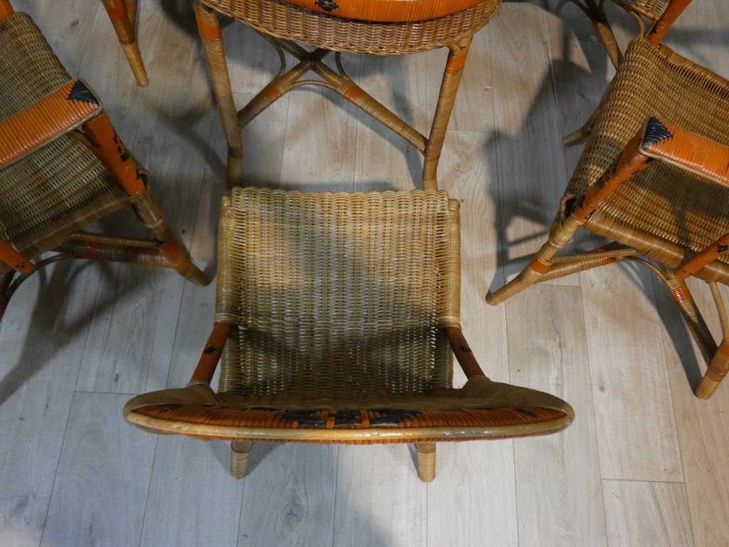 Salon de jardin d'hiver en rotin, 4 fauteuils, 2 chaises et table, milieu XX ème-photo-1