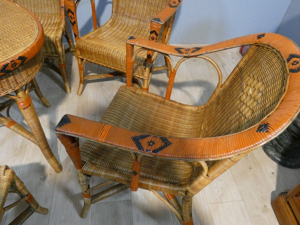 Salon de jardin d'hiver en rotin, 4 fauteuils, 2 chaises et table, milieu XX ème-photo-2