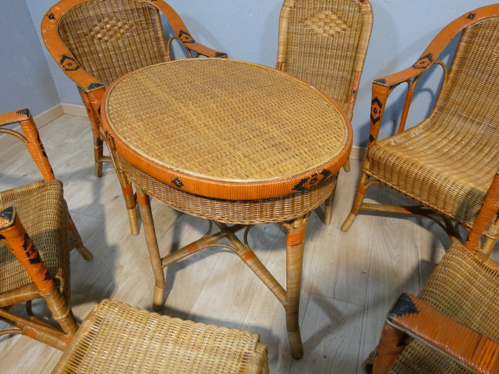 Salon de jardin d'hiver en rotin, 4 fauteuils, 2 chaises et table, milieu XX ème-photo-3