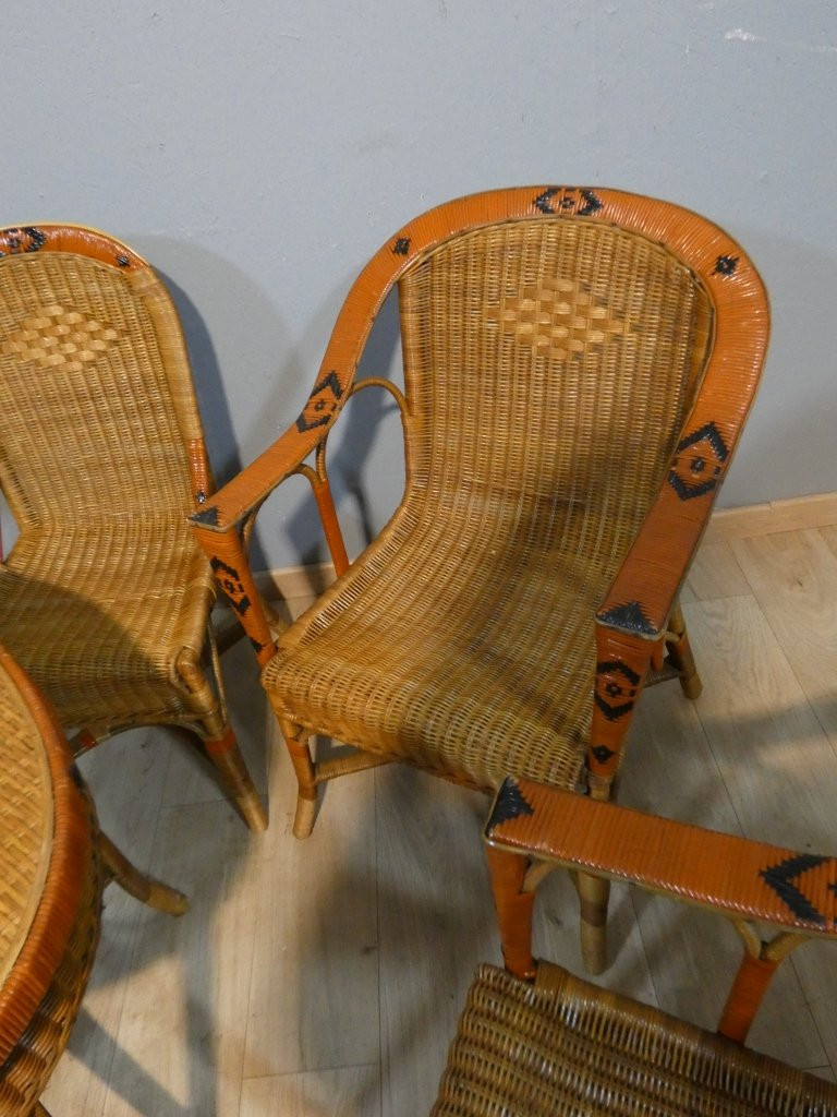 Salon de jardin d'hiver en rotin, 4 fauteuils, 2 chaises et table, milieu XX ème-photo-4