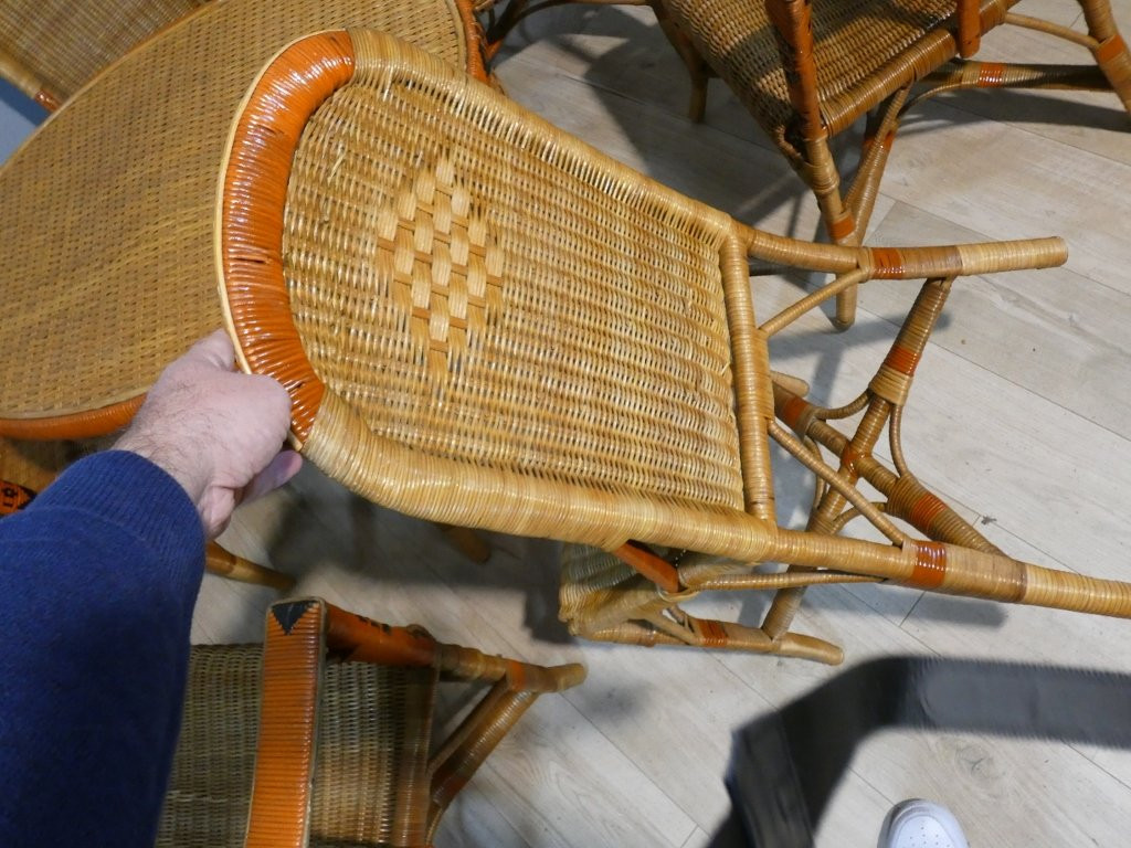 Salon de jardin d'hiver en rotin, 4 fauteuils, 2 chaises et table, milieu XX ème-photo-5