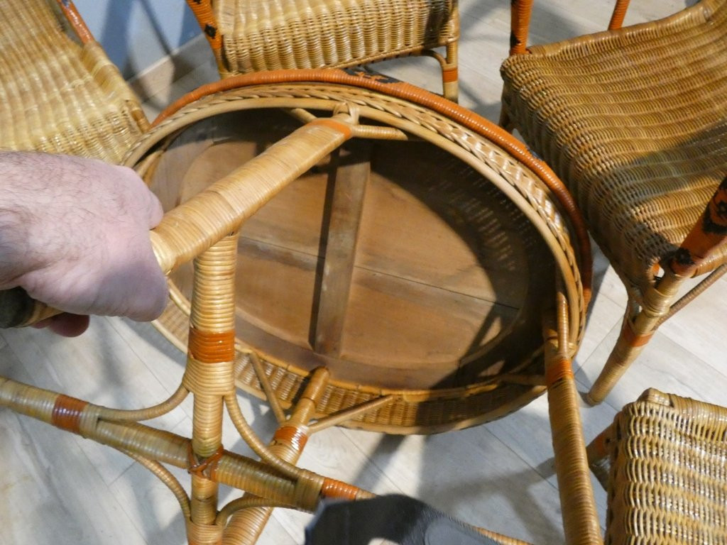 Salon de jardin d'hiver en rotin, 4 fauteuils, 2 chaises et table, milieu XX ème-photo-7