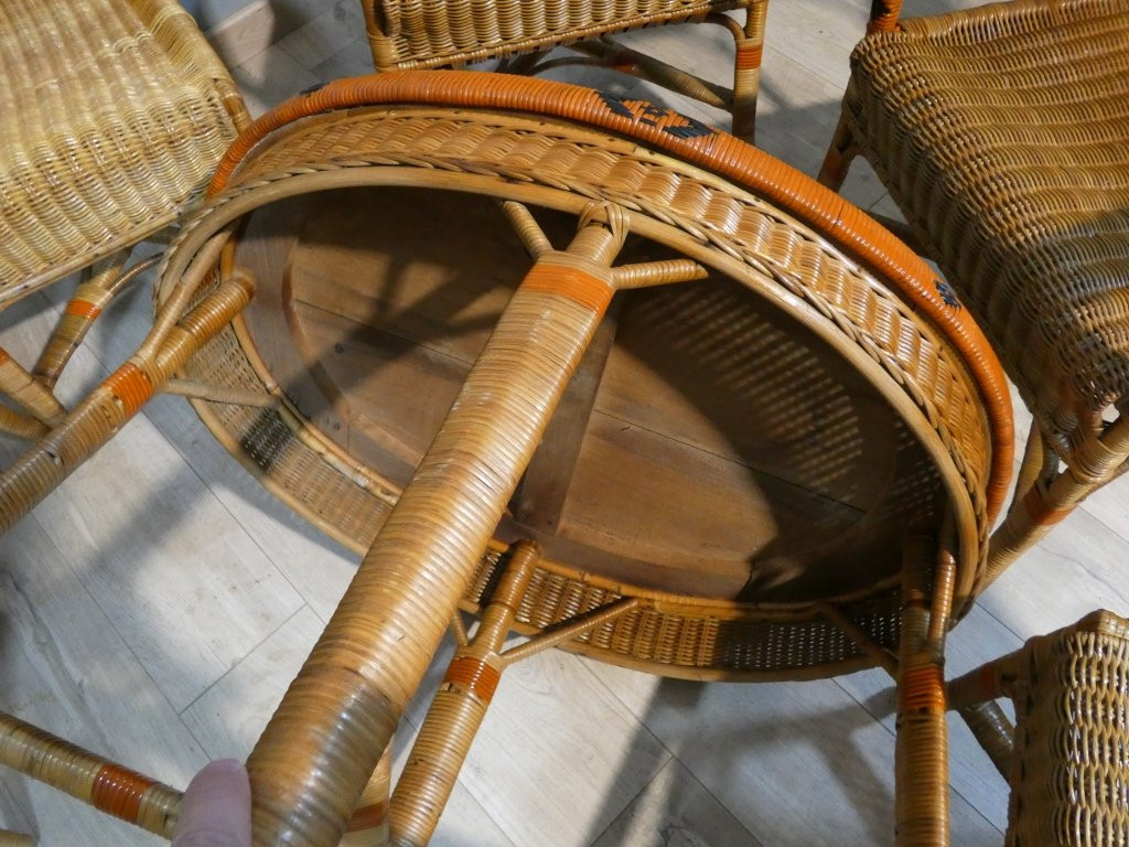 Salon de jardin d'hiver en rotin, 4 fauteuils, 2 chaises et table, milieu XX ème-photo-8
