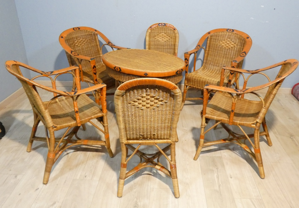 Salon de jardin d'hiver en rotin, 4 fauteuils, 2 chaises et table, milieu XX ème