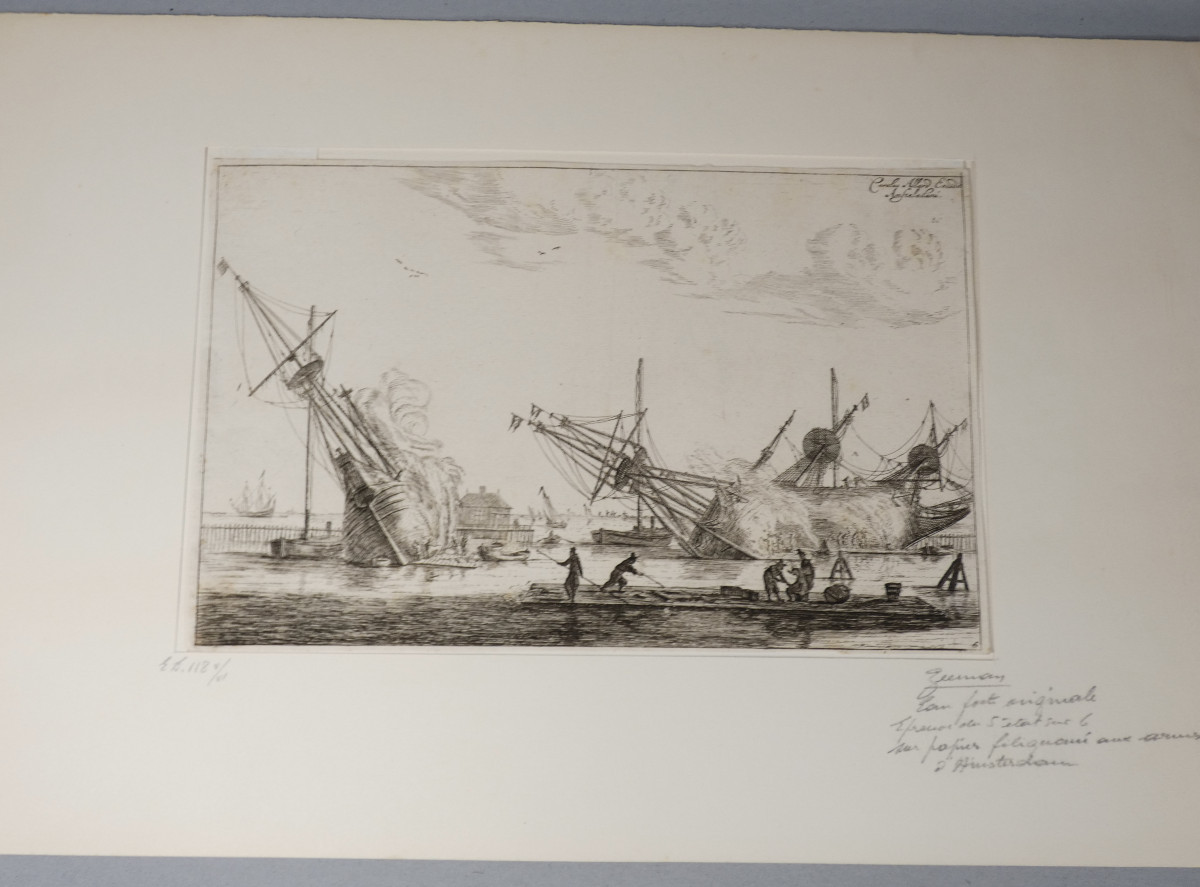 Carel Allard (1648-1709) gravure originale d'après Renier Noons dit Zeeman, bateaux au port-photo-2