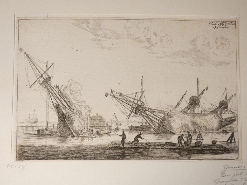 Carel Allard (1648-1709) gravure originale d'après Renier Noons dit Zeeman, bateaux au port