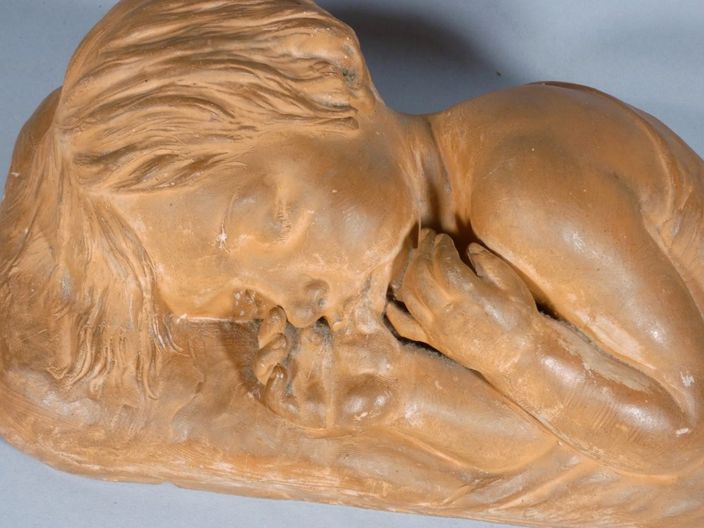 The Sleeping Child By Marcel Bouraine, Terracotta Sculpture-photo-2