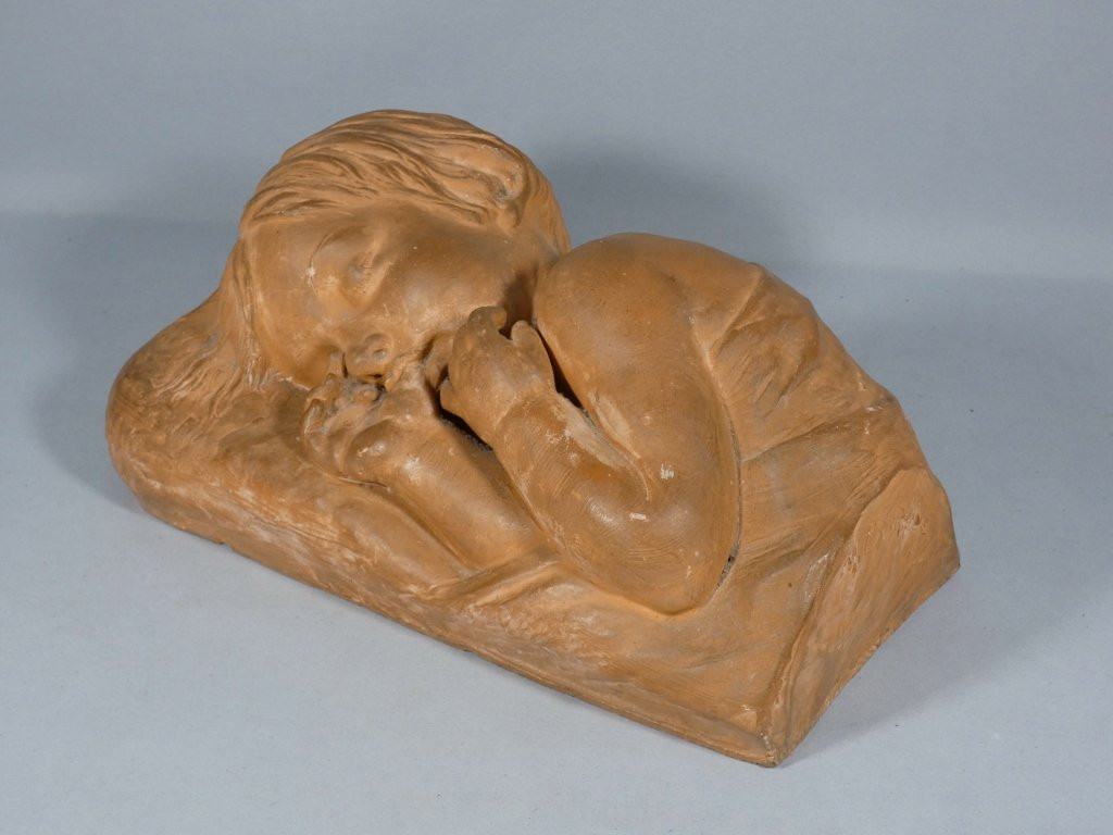 The Sleeping Child By Marcel Bouraine, Terracotta Sculpture-photo-3