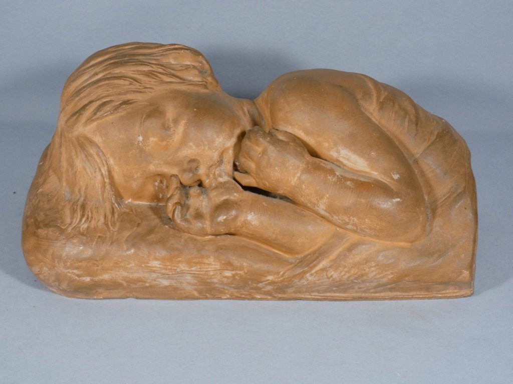 The Sleeping Child By Marcel Bouraine, Terracotta Sculpture-photo-4