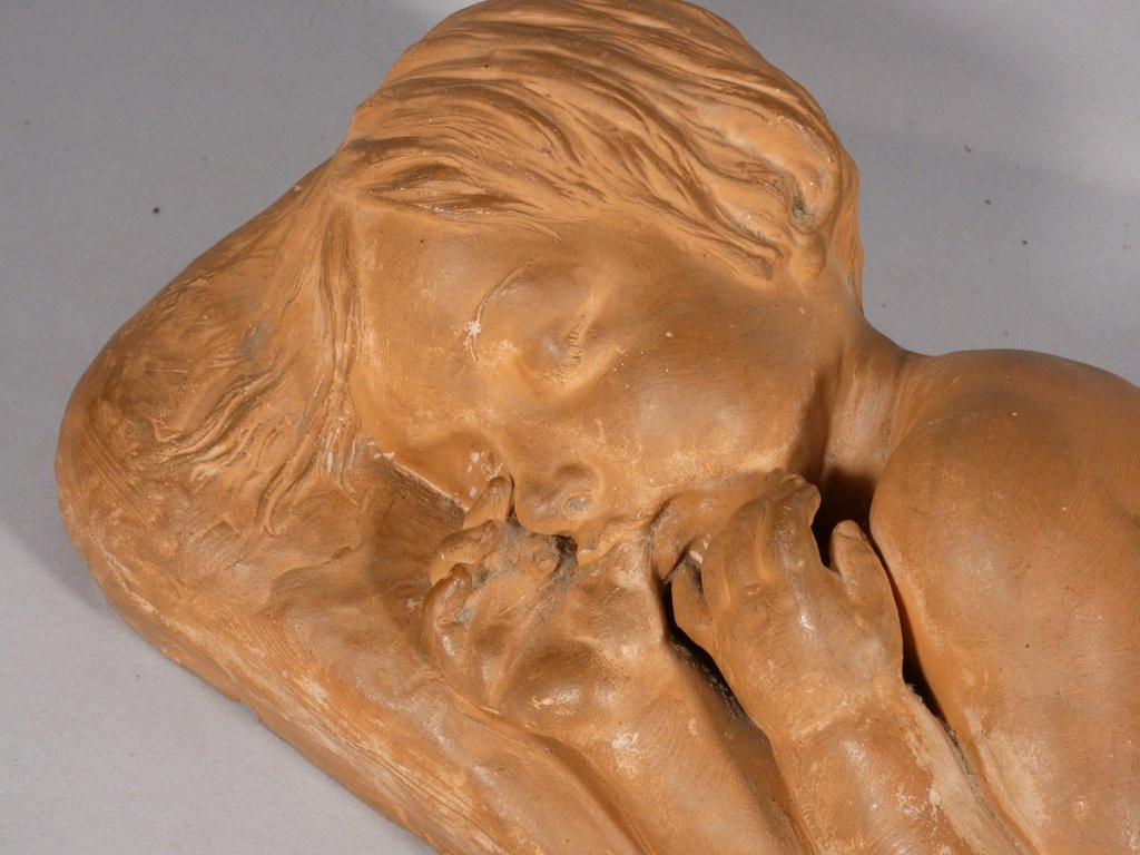 The Sleeping Child By Marcel Bouraine, Terracotta Sculpture-photo-1