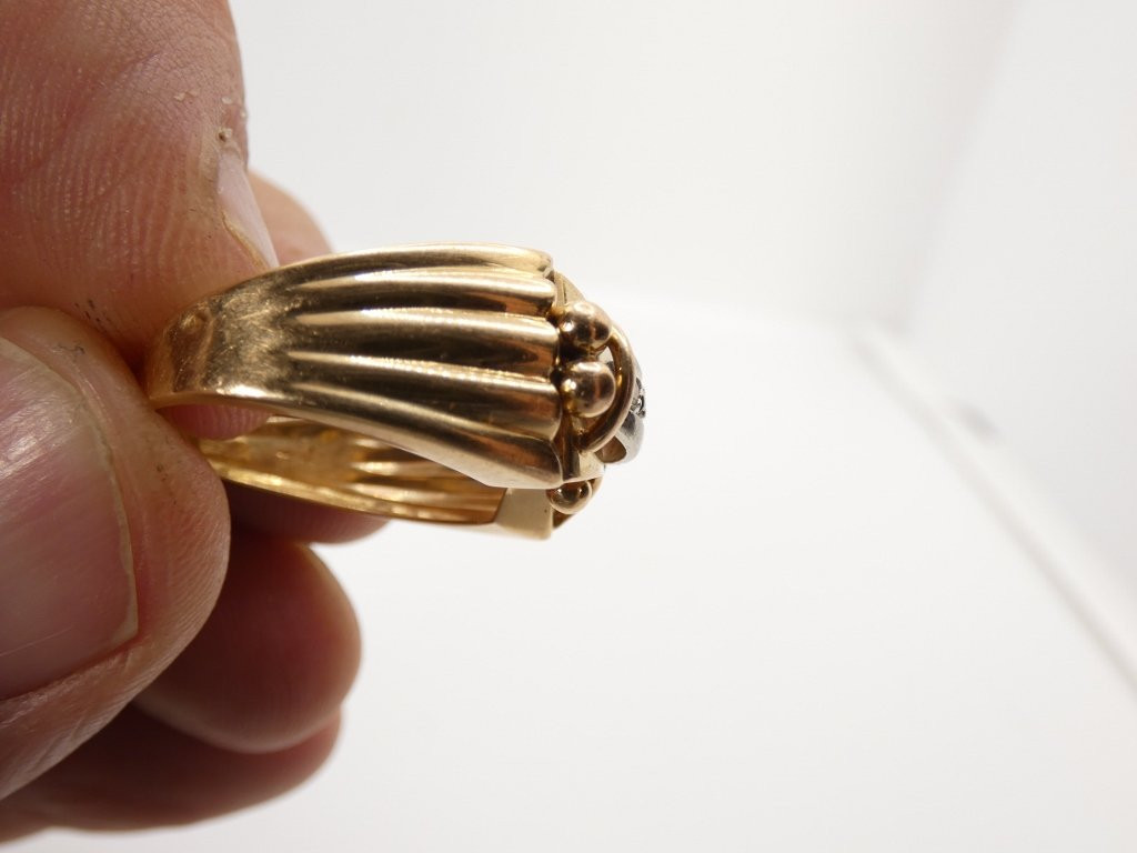 Tank Ring In Solid Gold And Diamonds, 1940s Period-photo-6