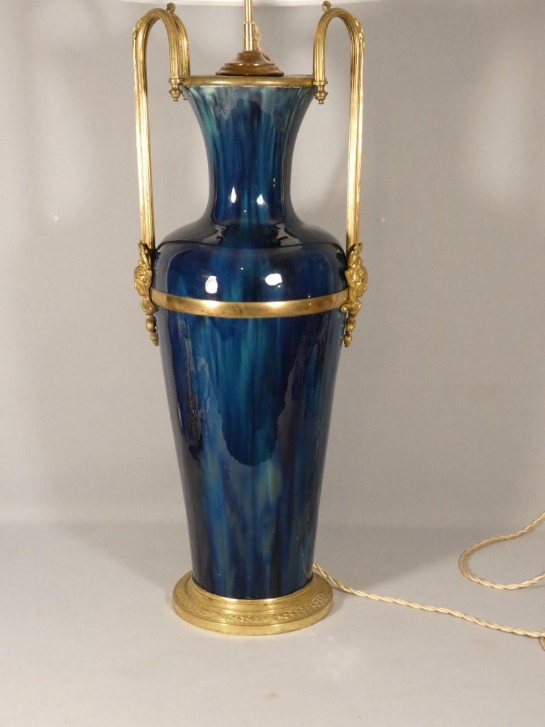 Large Lamp In Shaded Blue Ceramic With Bronze And Brass Frame, Early 20th Century-photo-2