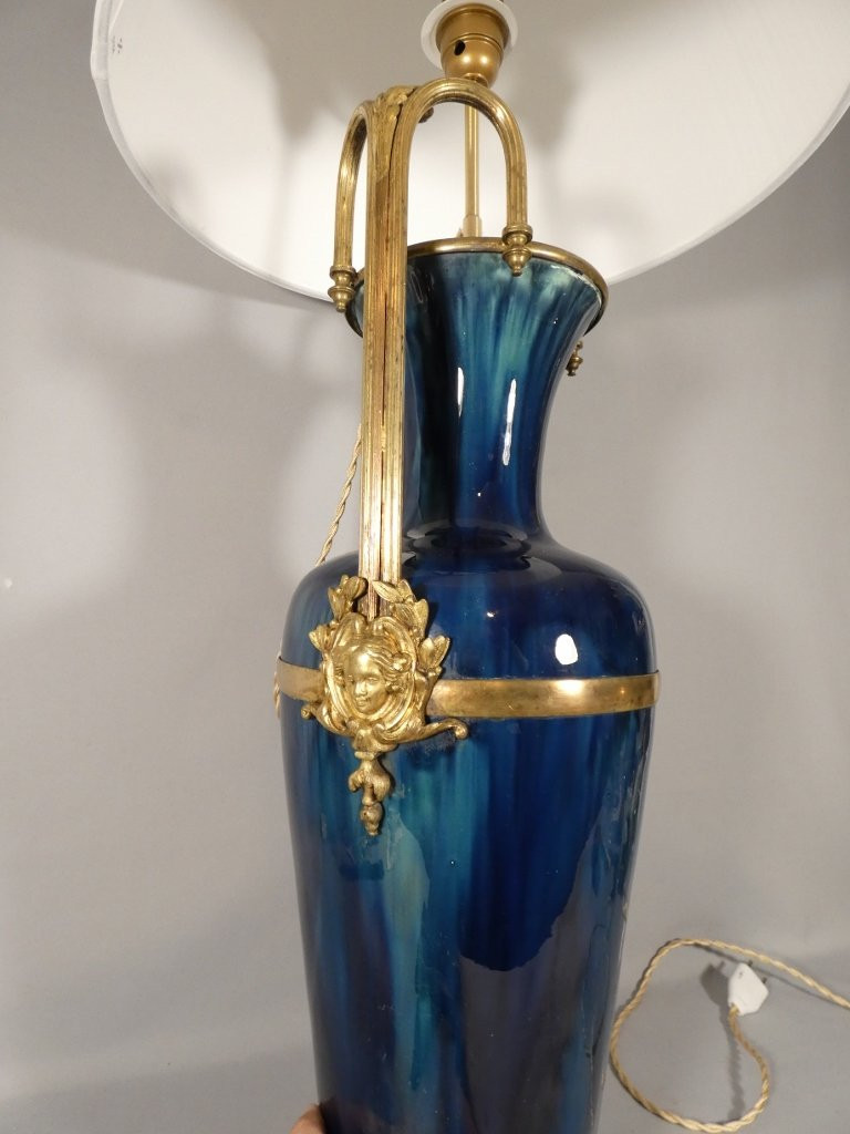 Large Lamp In Shaded Blue Ceramic With Bronze And Brass Frame, Early 20th Century-photo-4