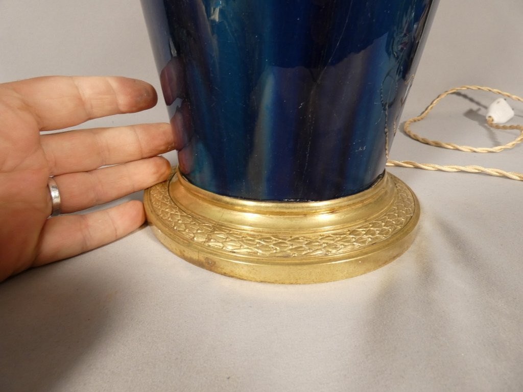 Large Lamp In Shaded Blue Ceramic With Bronze And Brass Frame, Early 20th Century-photo-2