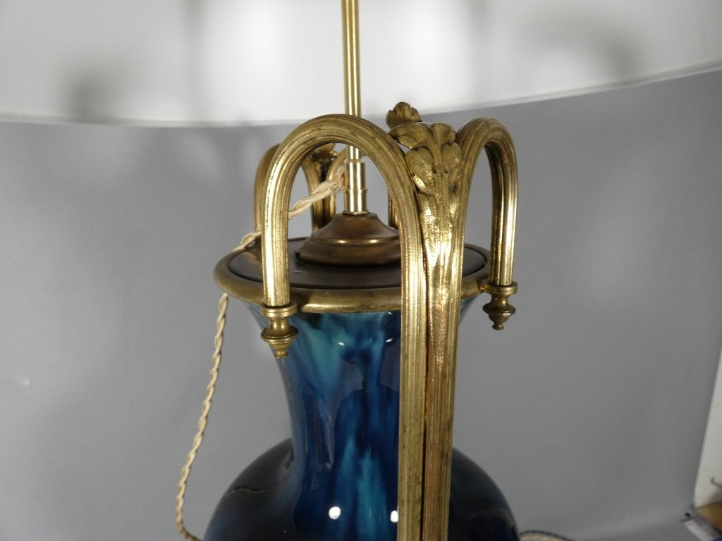 Large Lamp In Shaded Blue Ceramic With Bronze And Brass Frame, Early 20th Century-photo-4