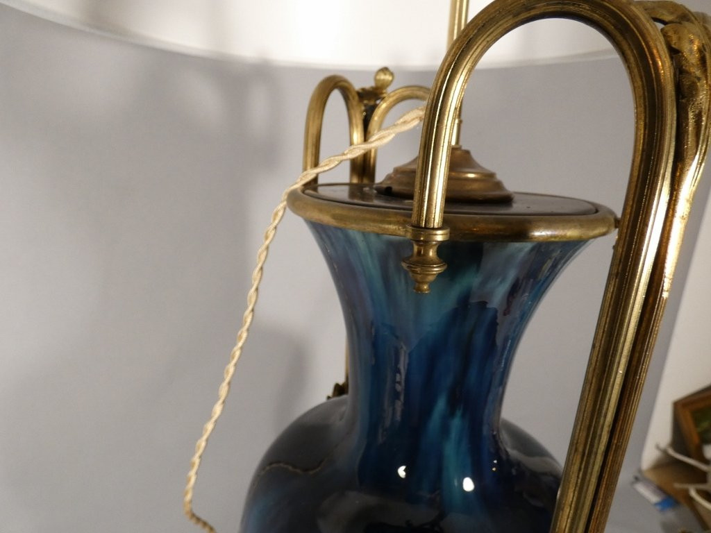 Large Lamp In Shaded Blue Ceramic With Bronze And Brass Frame, Early 20th Century-photo-5