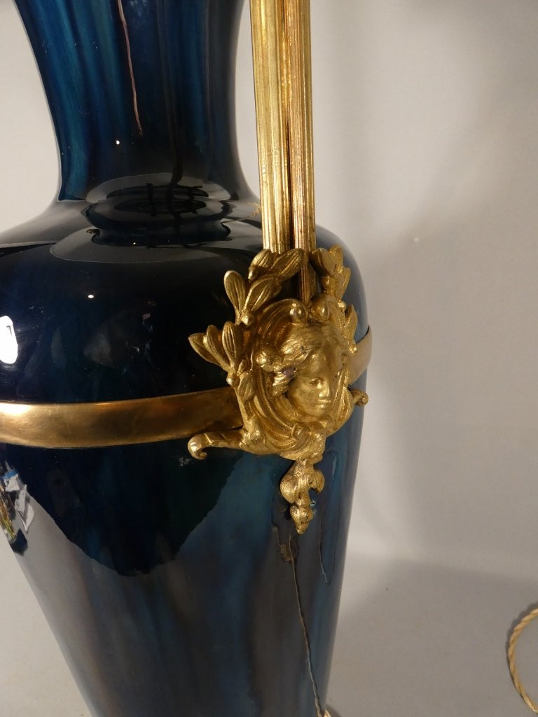 Large Lamp In Shaded Blue Ceramic With Bronze And Brass Frame, Early 20th Century-photo-8