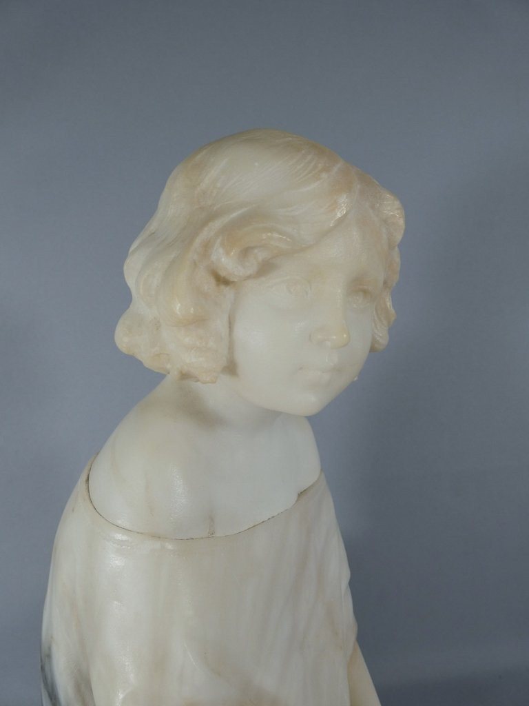 Pugi, The Child Sitting On A Trunk, Sculpture In Veined Marble And Alabaster, Early 20th Century-photo-1