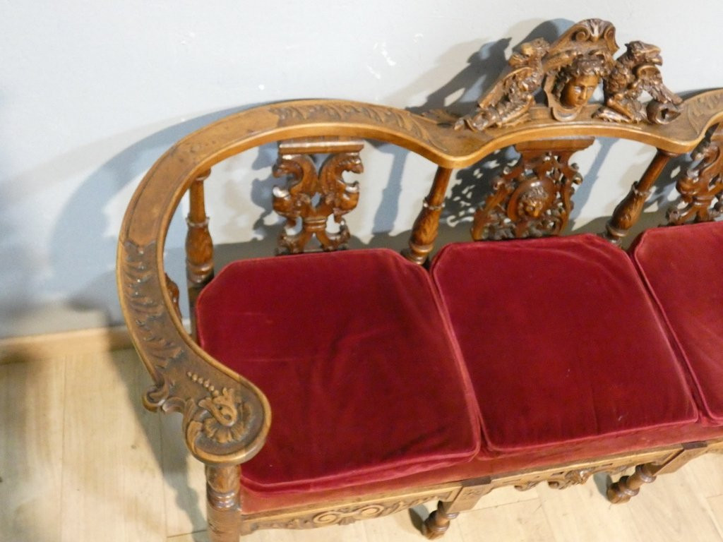 Neo-renaissance Walnut Bench With Carved Phoenixes, Circa 1880-photo-1