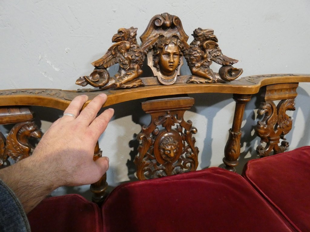 Neo-renaissance Walnut Bench With Carved Phoenixes, Circa 1880-photo-2