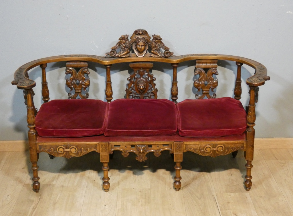 Neo-renaissance Walnut Bench With Carved Phoenixes, Circa 1880