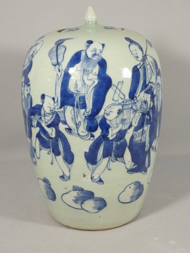 China 19th Century, Celadon Covered Jar And Blue Ceramic Figures-photo-2