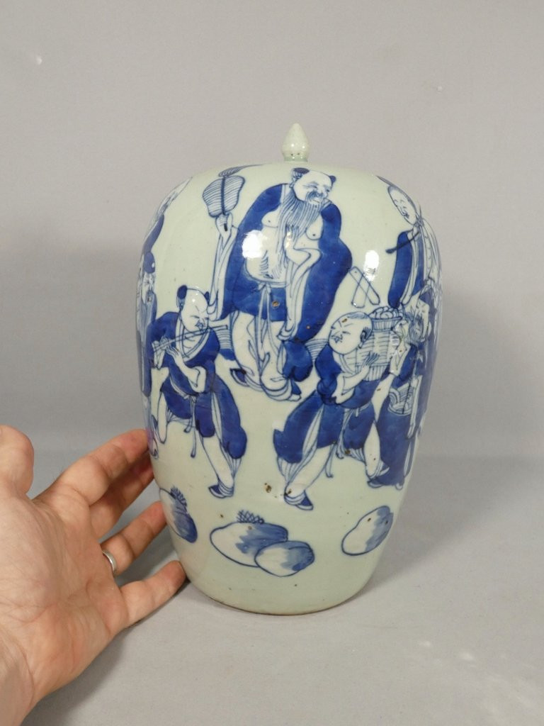 China 19th Century, Celadon Covered Jar And Blue Ceramic Figures-photo-4