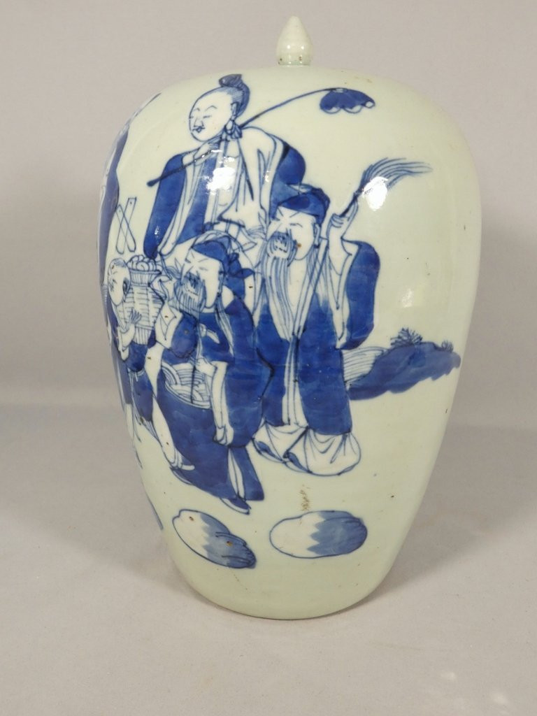 China 19th Century, Celadon Covered Jar And Blue Ceramic Figures-photo-2