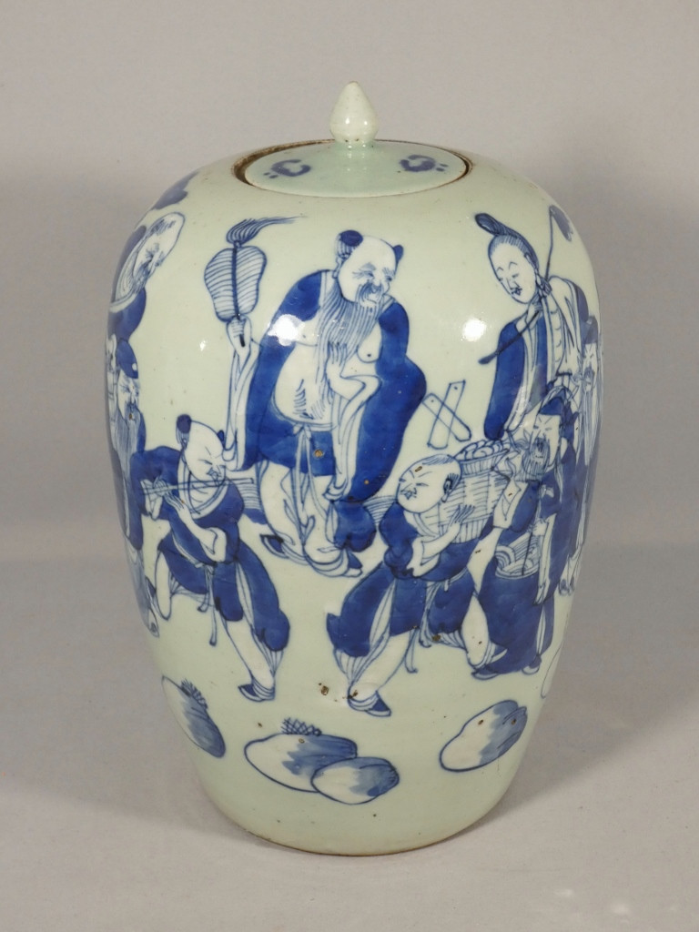 China 19th Century, Celadon Covered Jar And Blue Ceramic Figures