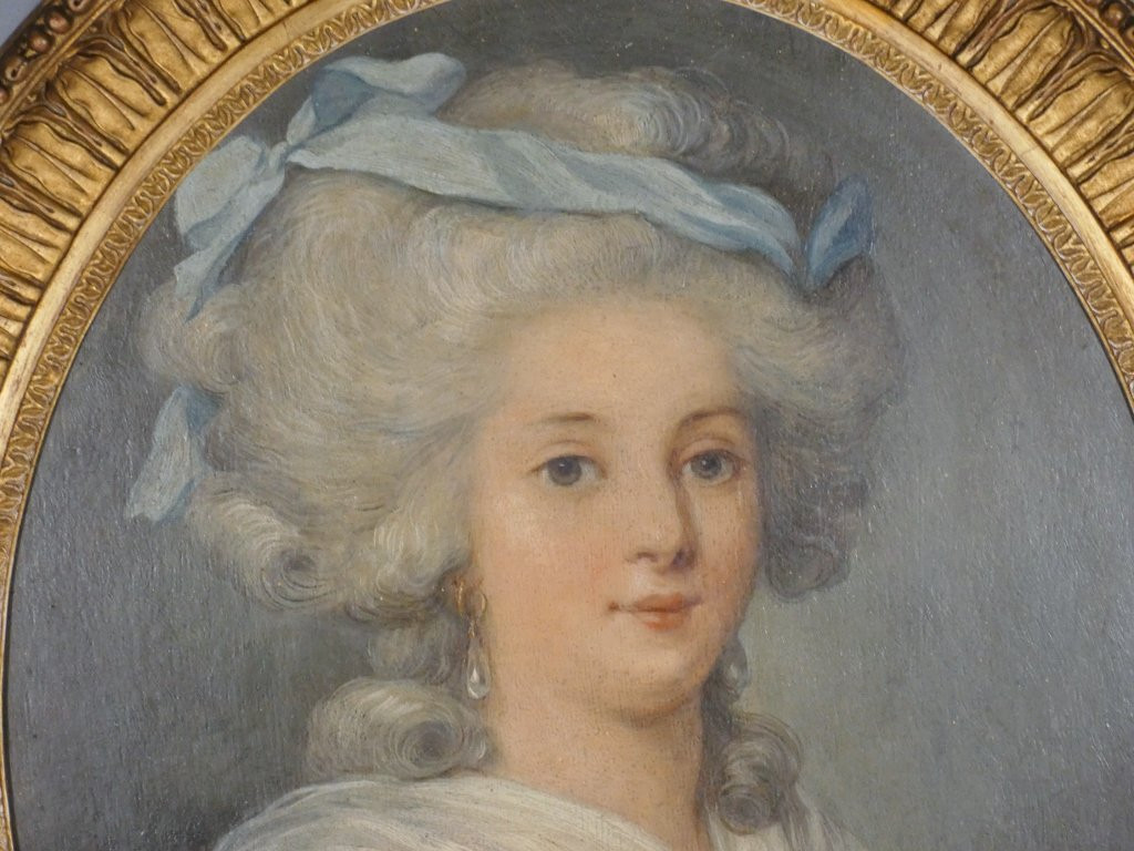 Portrait de jeune femme dans le goût du XVIII ème, huile sur bois époque XIX ème-photo-2